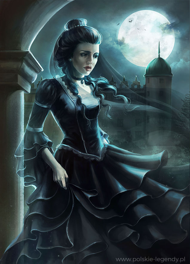 Legenda o Czarnej Damie z zamku w Janowcu, postać kobiecej zjawy, ducha stojąca na tle zamku